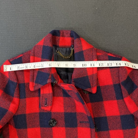 J. Crew 100% Wool Red & Navy Buffalo Check Plaid Pea Coat  Double Buttons Size 2 - Picture 8 of 14